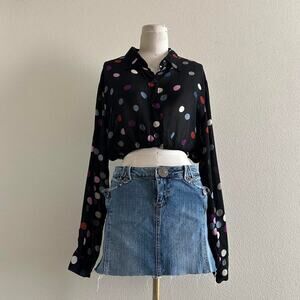 vintage Carole Little black multi color polka dot button down long sleeve blouse
